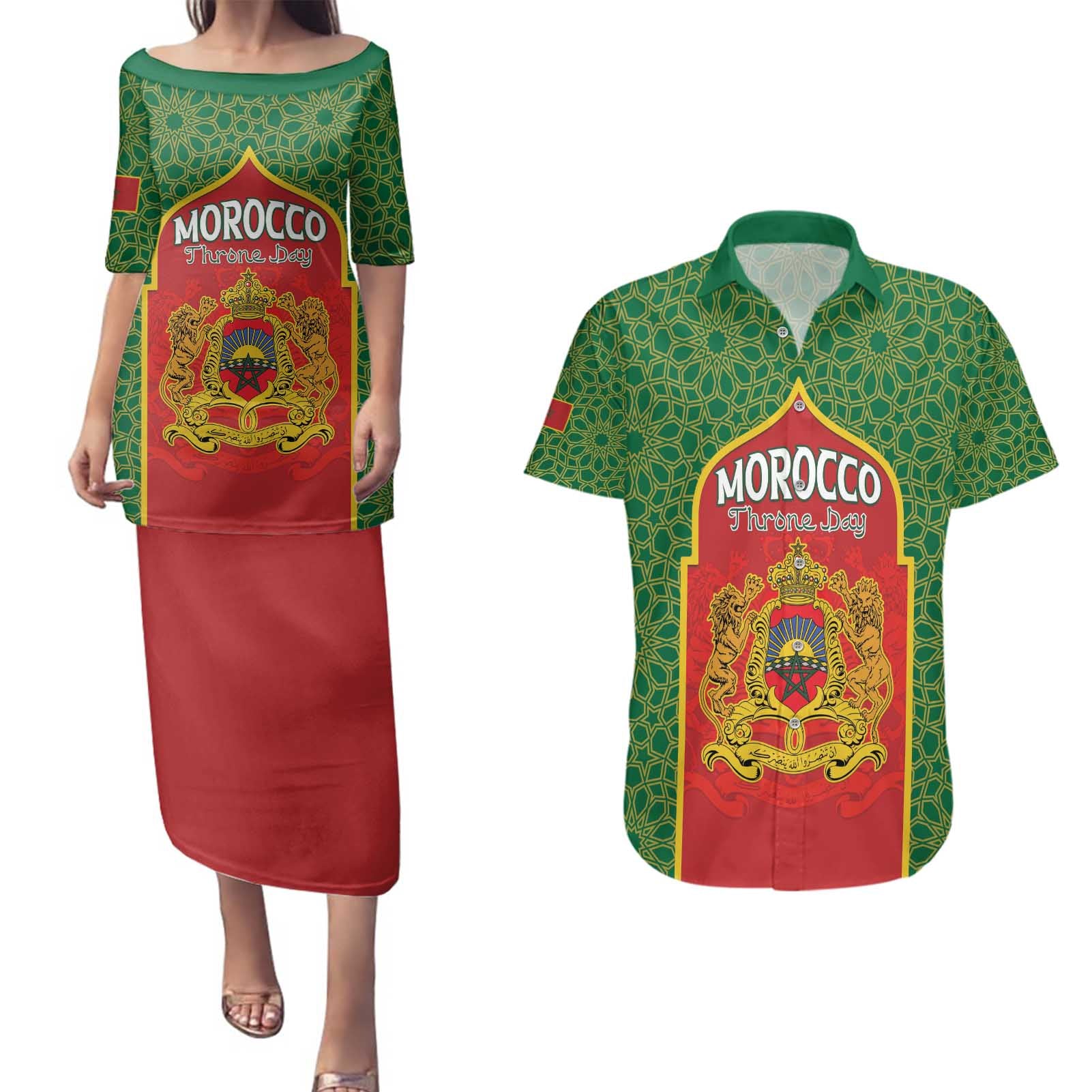 Personalized Morocco Throne Day Couples Matching Puletasi and Hawaiian Shirt King Lion Coat Of Arms