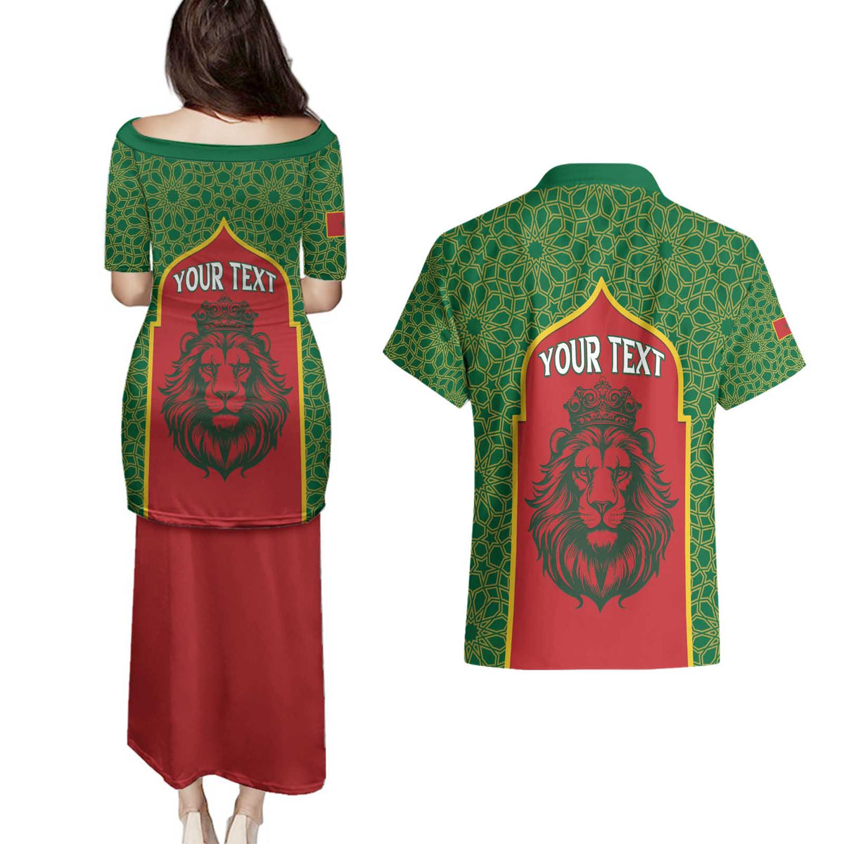Personalized Morocco Throne Day Couples Matching Puletasi and Hawaiian Shirt King Lion Coat Of Arms