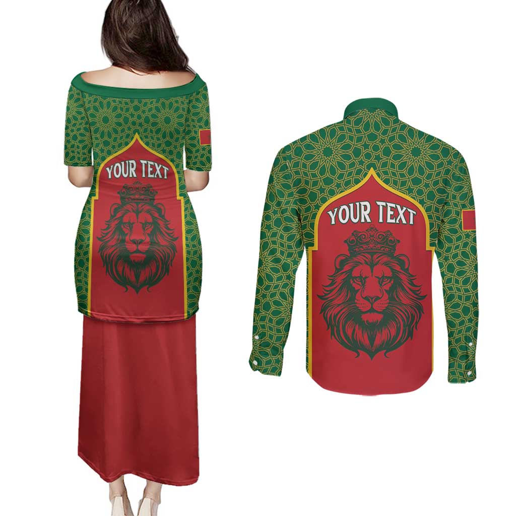 Personalized Morocco Throne Day Couples Matching Puletasi and Long Sleeve Button Shirt King Lion Coat Of Arms