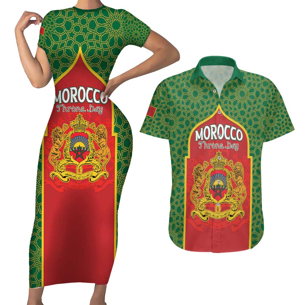 Personalized Morocco Throne Day Couples Matching Short Sleeve Bodycon Dress and Hawaiian Shirt King Lion Coat Of Arms