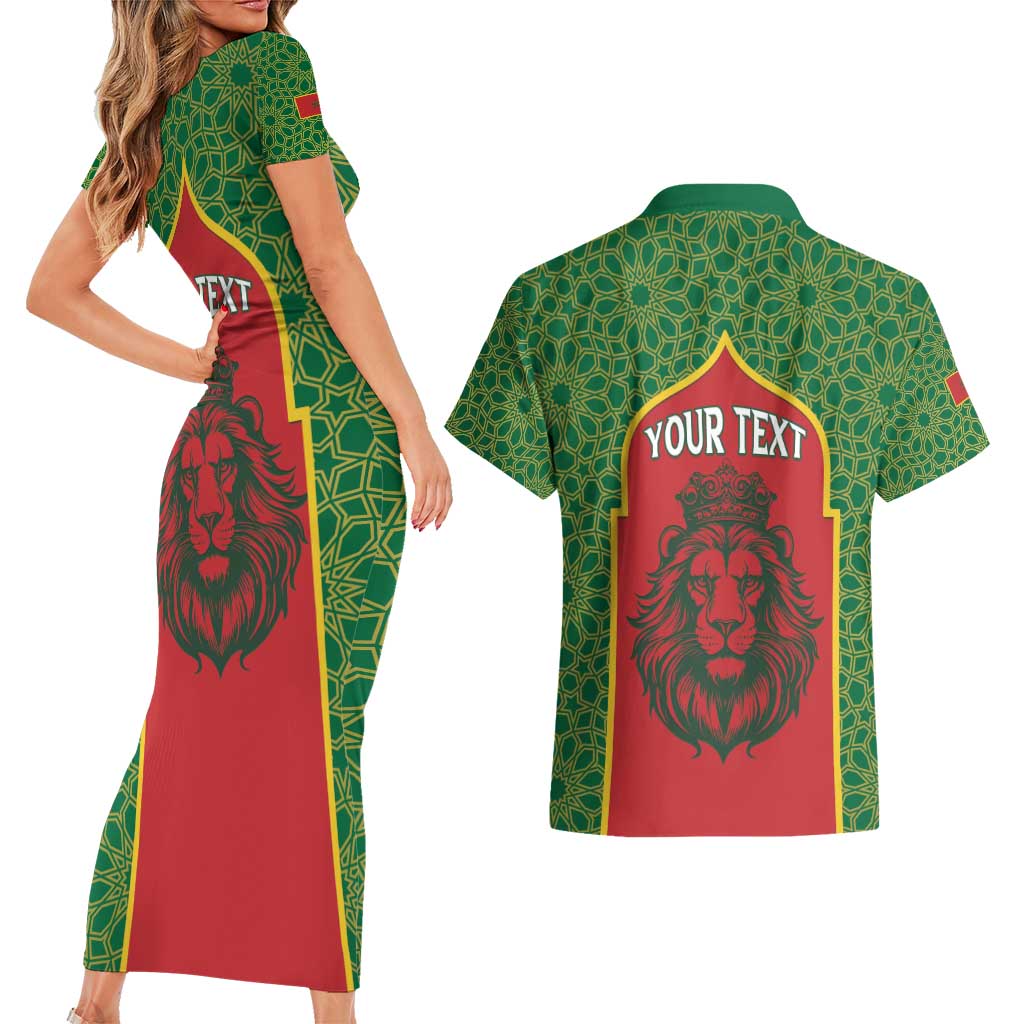 Personalized Morocco Throne Day Couples Matching Short Sleeve Bodycon Dress and Hawaiian Shirt King Lion Coat Of Arms