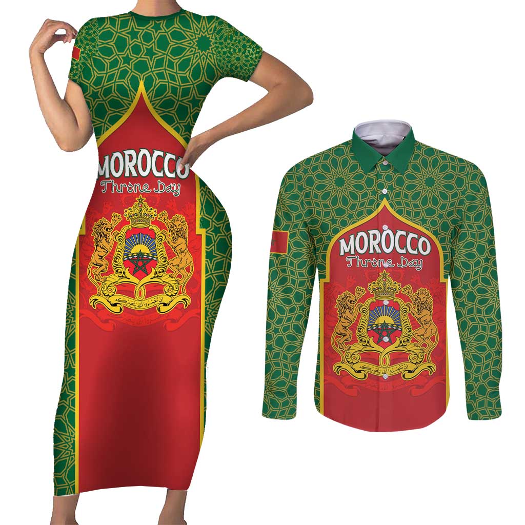 Personalized Morocco Throne Day Couples Matching Short Sleeve Bodycon Dress and Long Sleeve Button Shirt King Lion Coat Of Arms