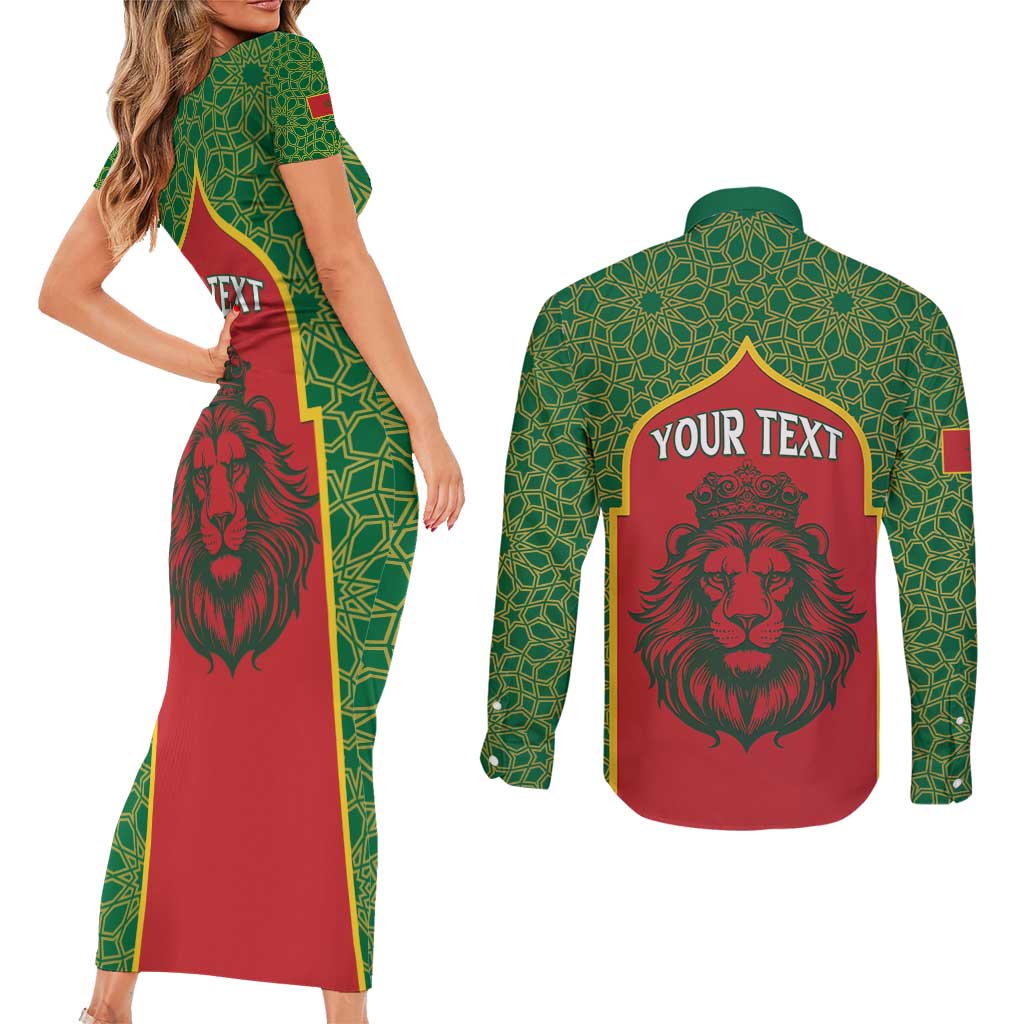 Personalized Morocco Throne Day Couples Matching Short Sleeve Bodycon Dress and Long Sleeve Button Shirt King Lion Coat Of Arms