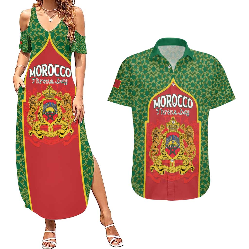 Personalized Morocco Throne Day Couples Matching Summer Maxi Dress and Hawaiian Shirt King Lion Coat Of Arms