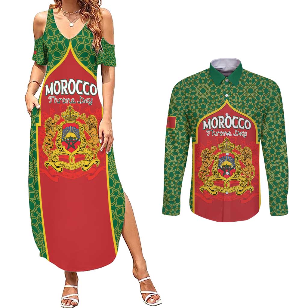 Personalized Morocco Throne Day Couples Matching Summer Maxi Dress and Long Sleeve Button Shirt King Lion Coat Of Arms