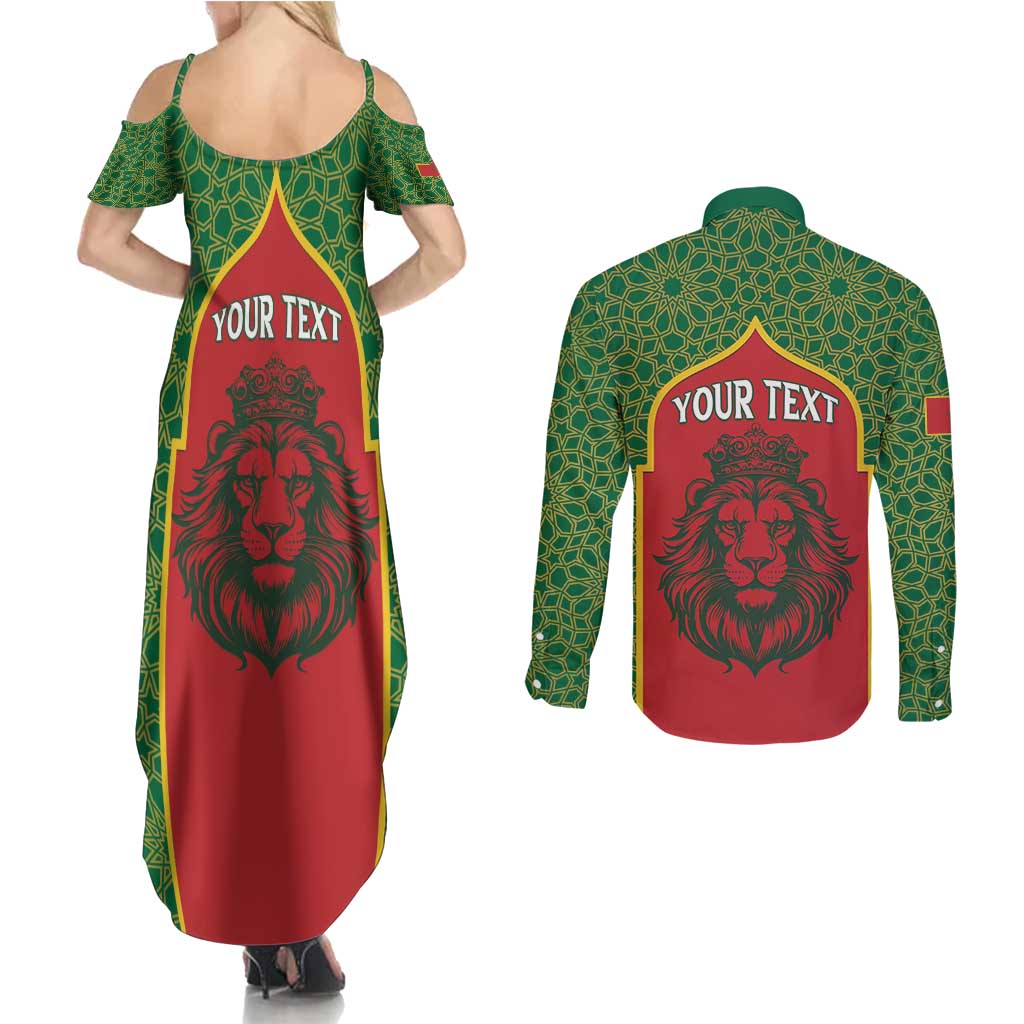 Personalized Morocco Throne Day Couples Matching Summer Maxi Dress and Long Sleeve Button Shirt King Lion Coat Of Arms