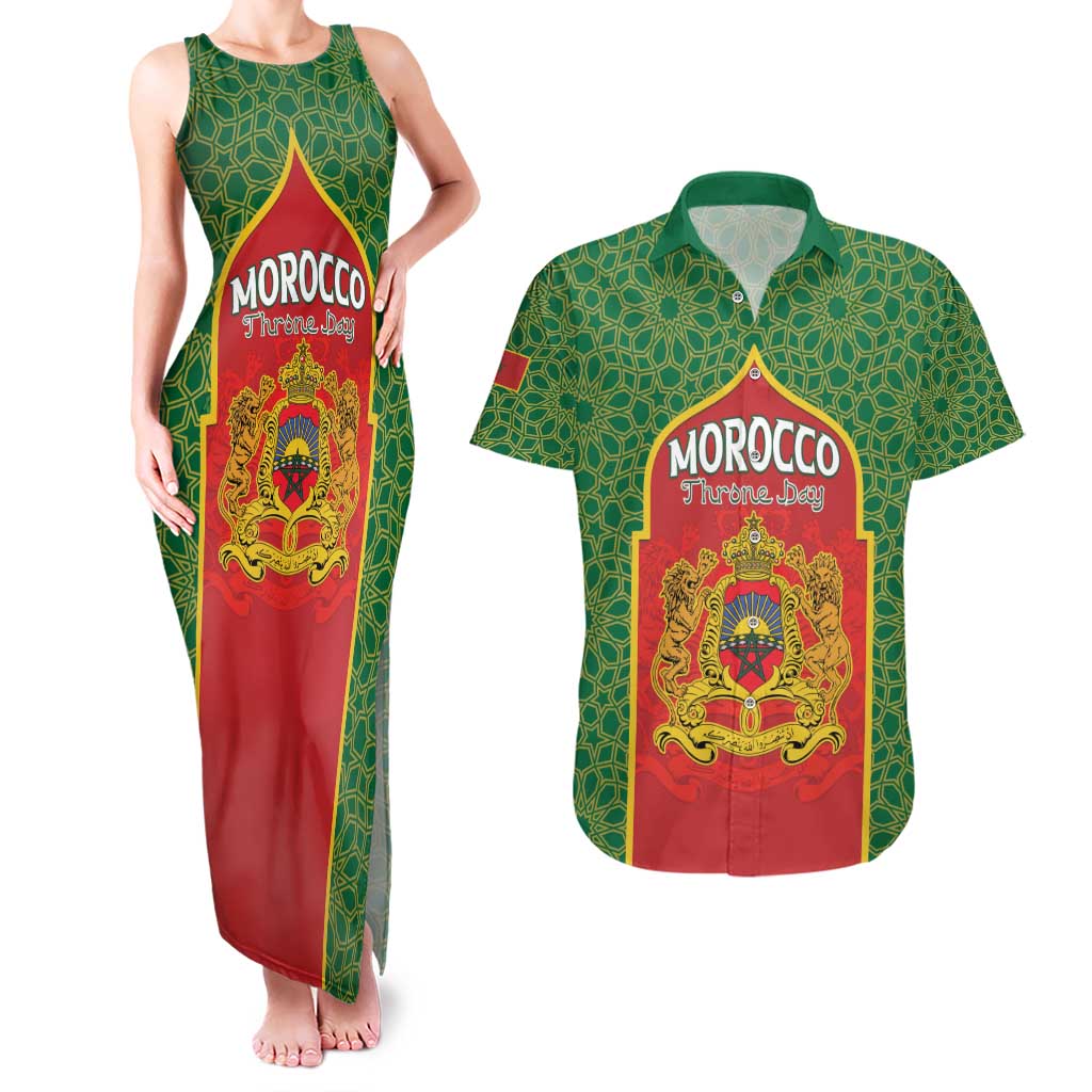 Personalized Morocco Throne Day Couples Matching Tank Maxi Dress and Hawaiian Shirt King Lion Coat Of Arms