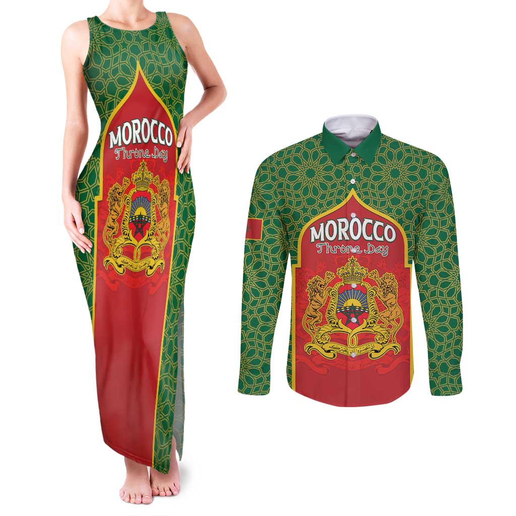 Personalized Morocco Throne Day Couples Matching Tank Maxi Dress and Long Sleeve Button Shirt King Lion Coat Of Arms