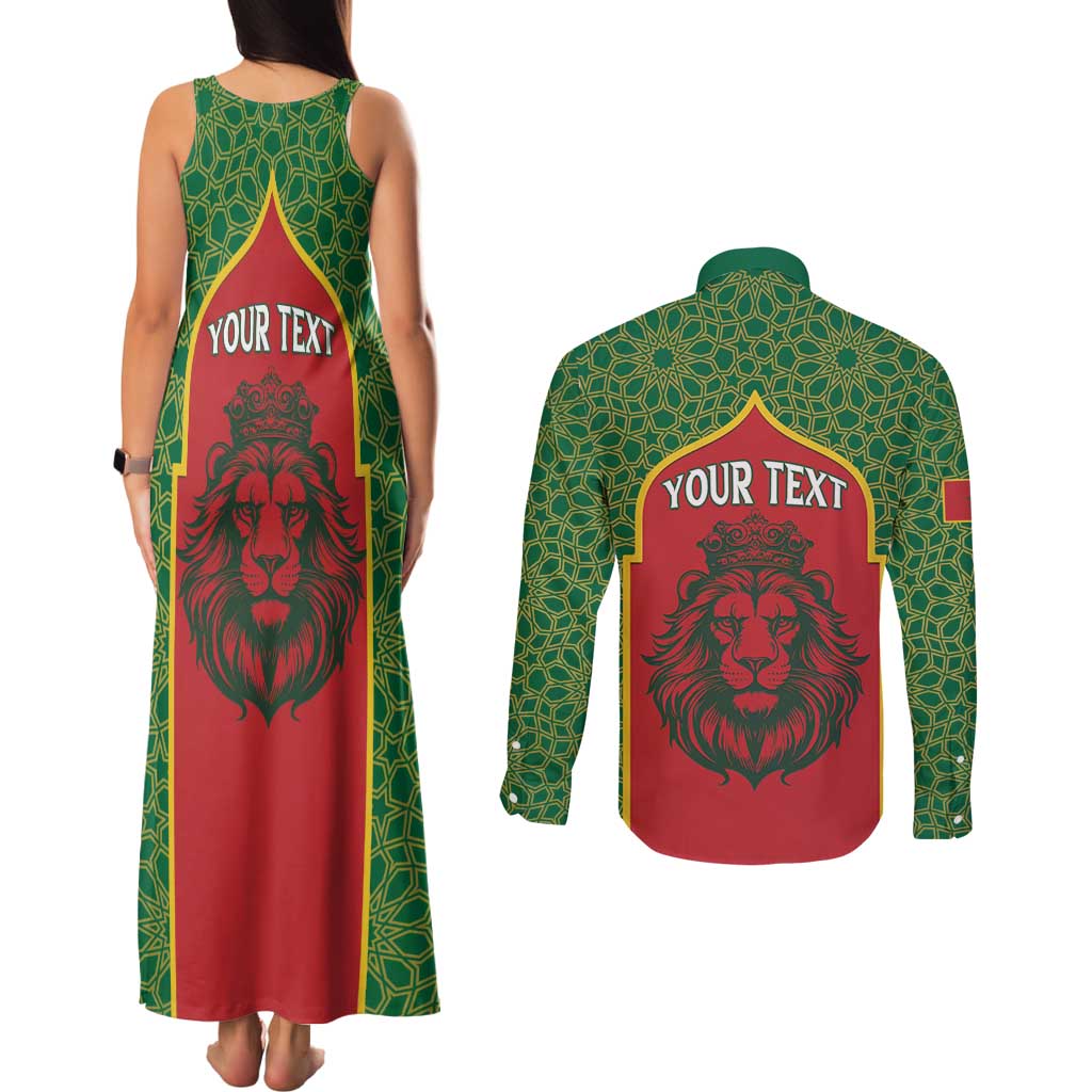Personalized Morocco Throne Day Couples Matching Tank Maxi Dress and Long Sleeve Button Shirt King Lion Coat Of Arms