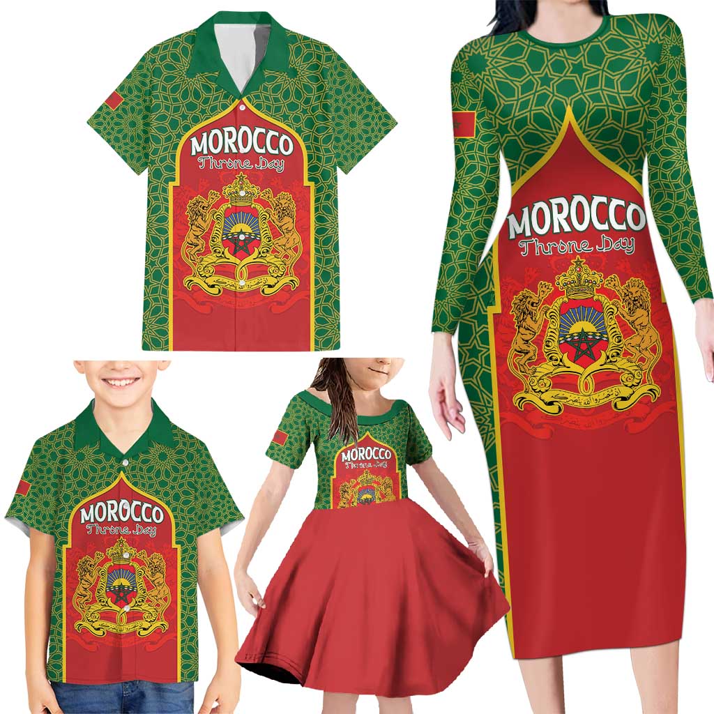 Personalized Morocco Throne Day Family Matching Long Sleeve Bodycon Dress and Hawaiian Shirt King Lion Coat Of Arms