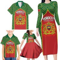 Personalized Morocco Throne Day Family Matching Long Sleeve Bodycon Dress and Hawaiian Shirt King Lion Coat Of Arms