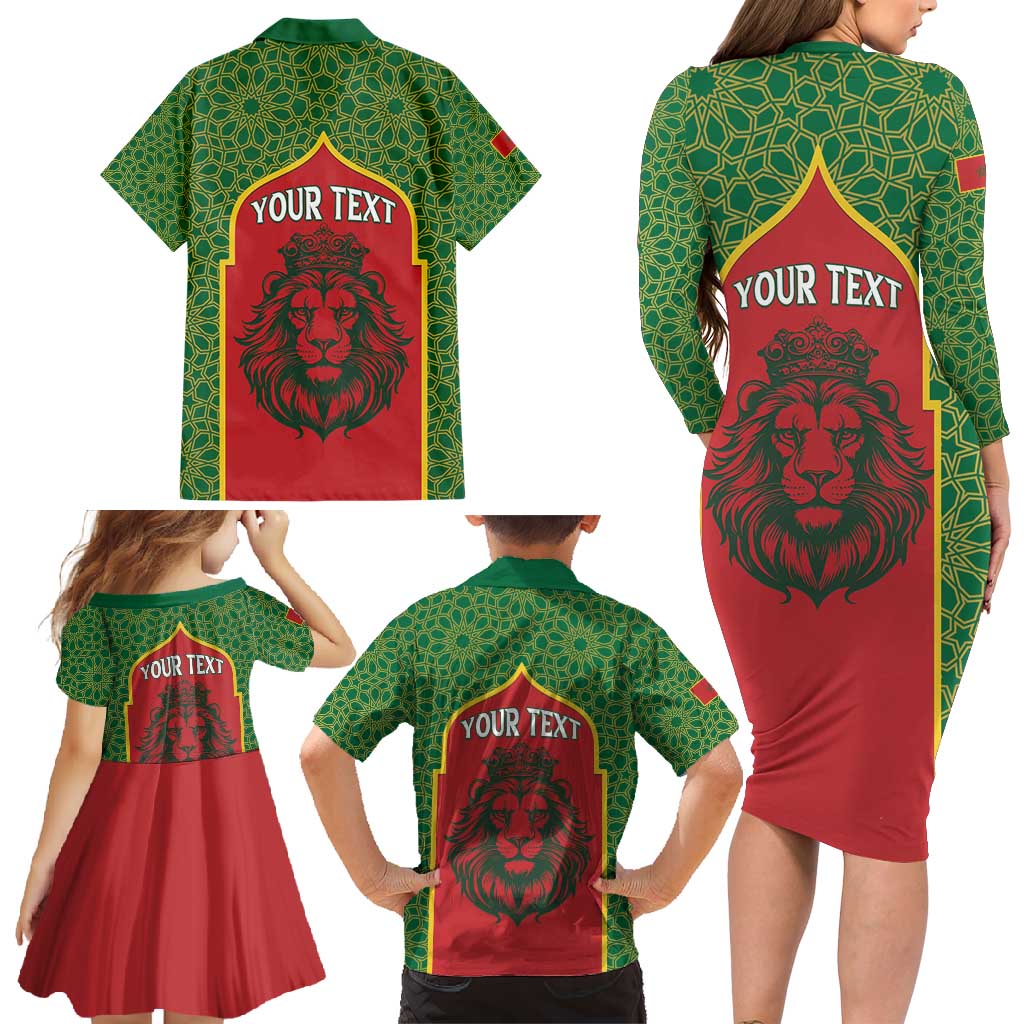 Personalized Morocco Throne Day Family Matching Long Sleeve Bodycon Dress and Hawaiian Shirt King Lion Coat Of Arms
