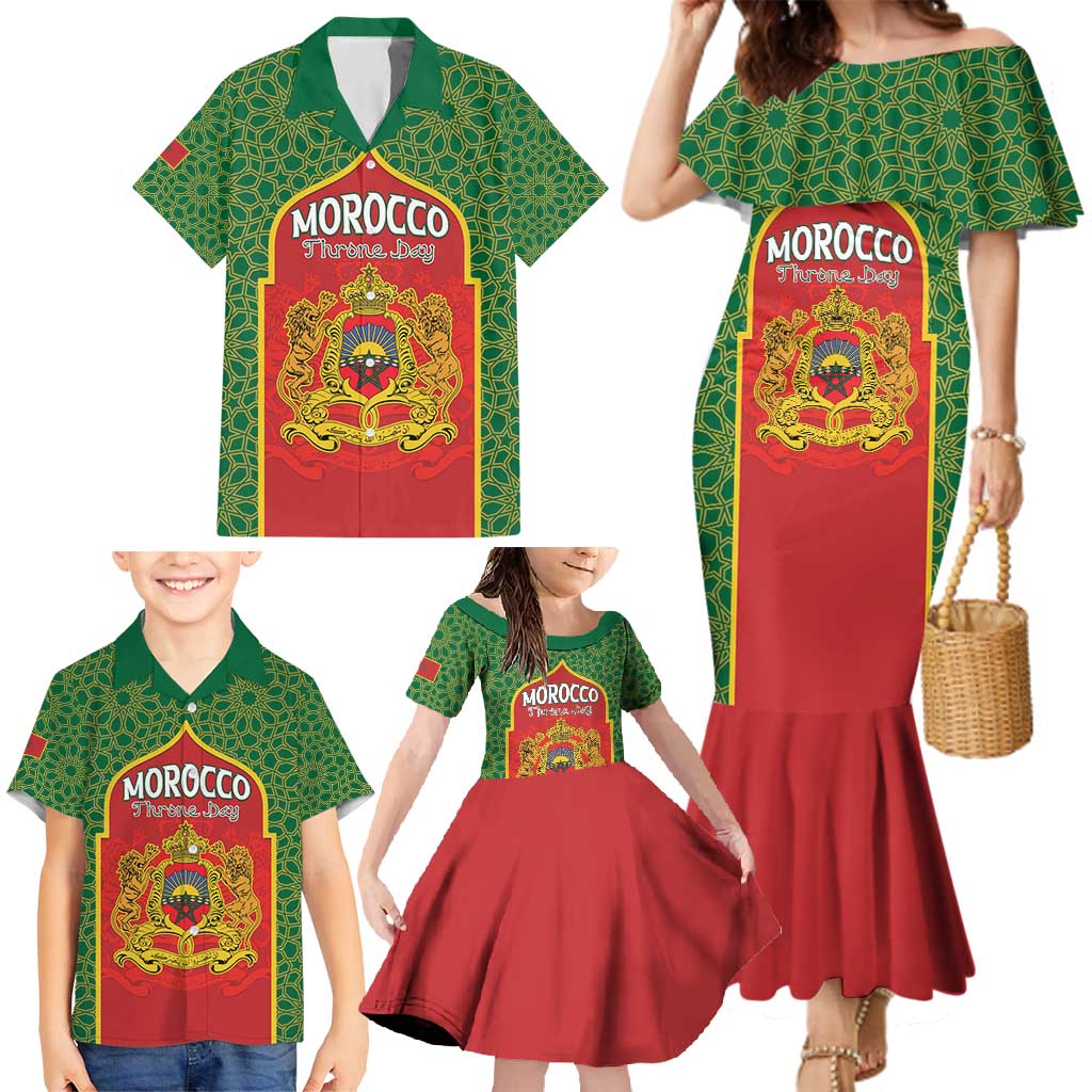Personalized Morocco Throne Day Family Matching Mermaid Dress and Hawaiian Shirt King Lion Coat Of Arms