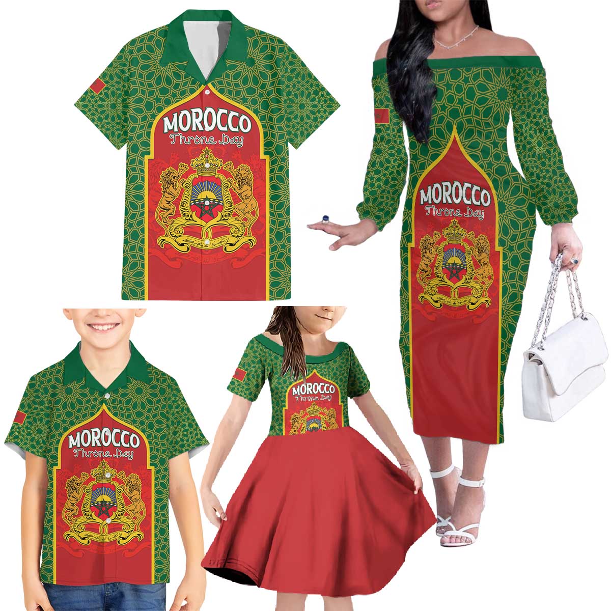 Personalized Morocco Throne Day Family Matching Off The Shoulder Long Sleeve Dress and Hawaiian Shirt King Lion Coat Of Arms