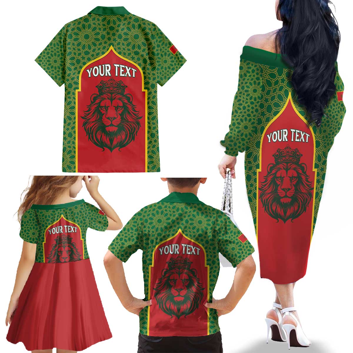 Personalized Morocco Throne Day Family Matching Off The Shoulder Long Sleeve Dress and Hawaiian Shirt King Lion Coat Of Arms