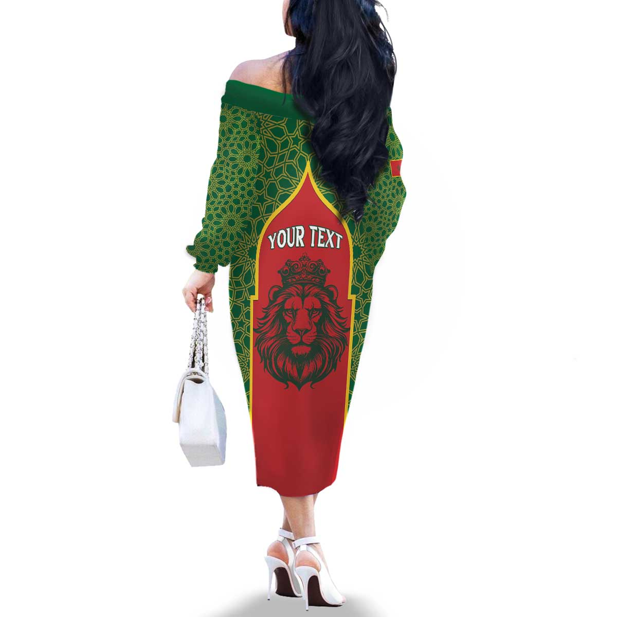 Personalized Morocco Throne Day Family Matching Off The Shoulder Long Sleeve Dress and Hawaiian Shirt King Lion Coat Of Arms