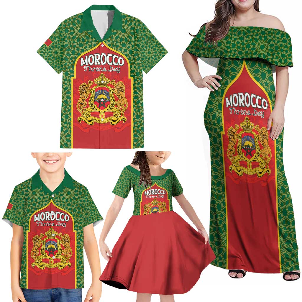Personalized Morocco Throne Day Family Matching Off Shoulder Maxi Dress and Hawaiian Shirt King Lion Coat Of Arms