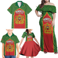 Personalized Morocco Throne Day Family Matching Off Shoulder Maxi Dress and Hawaiian Shirt King Lion Coat Of Arms