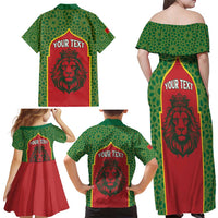 Personalized Morocco Throne Day Family Matching Off Shoulder Maxi Dress and Hawaiian Shirt King Lion Coat Of Arms