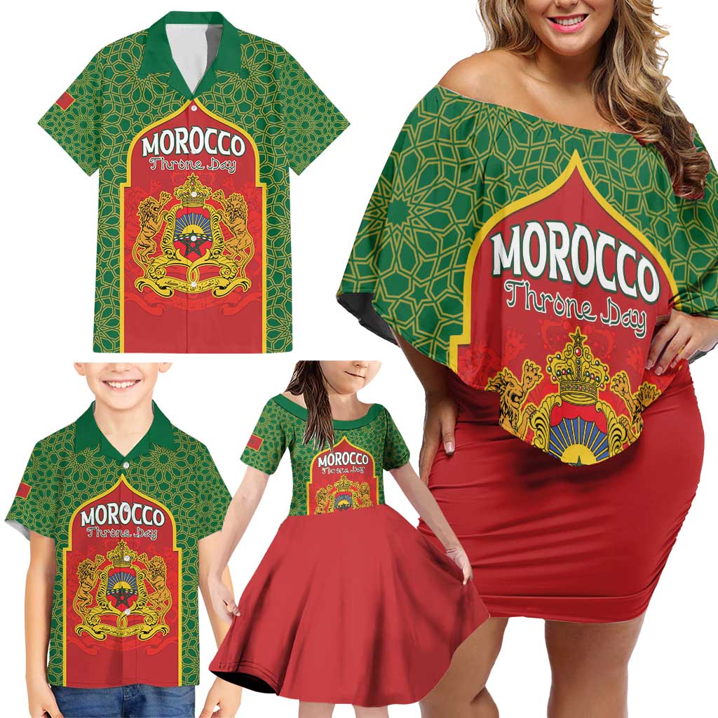 Personalized Morocco Throne Day Family Matching Off Shoulder Short Dress and Hawaiian Shirt King Lion Coat Of Arms