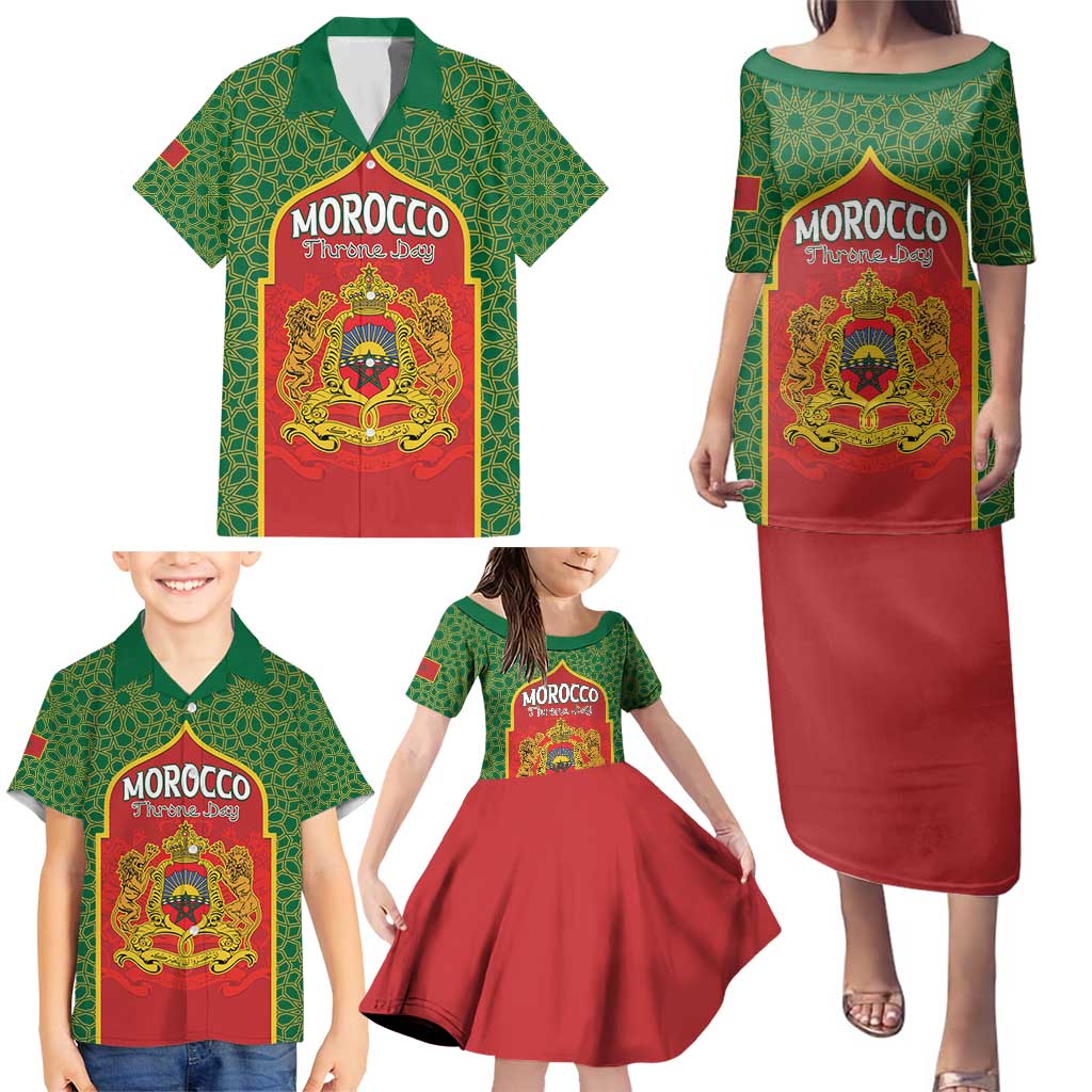 Personalized Morocco Throne Day Family Matching Puletasi and Hawaiian Shirt King Lion Coat Of Arms