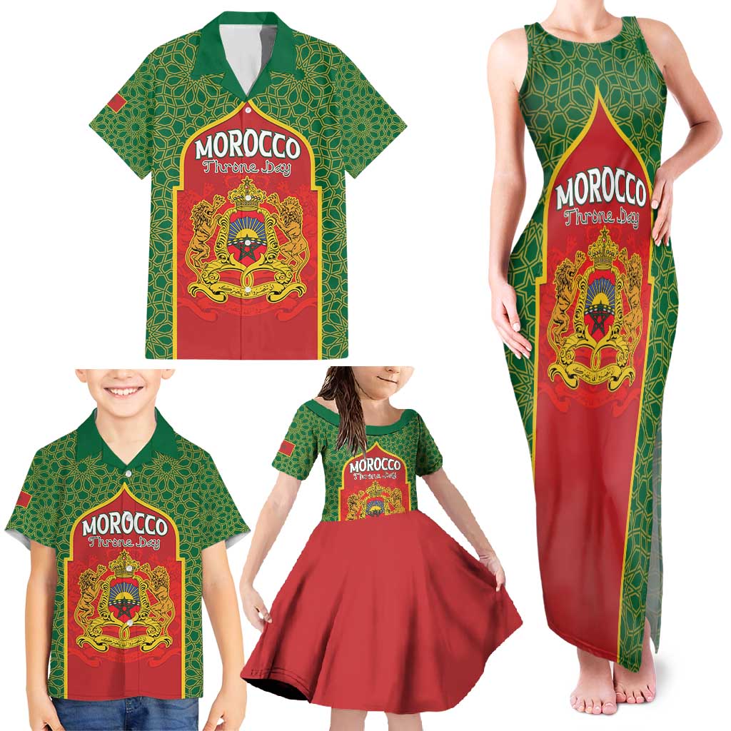 Personalized Morocco Throne Day Family Matching Tank Maxi Dress and Hawaiian Shirt King Lion Coat Of Arms