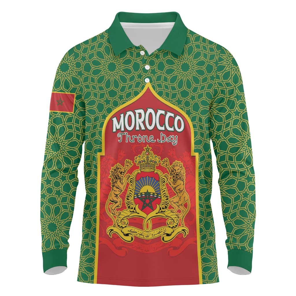 Personalized Morocco Throne Day Long Sleeve Polo Shirt King Lion Coat Of Arms