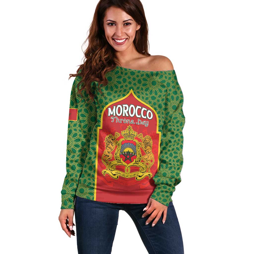 Personalized Morocco Throne Day Off Shoulder Sweater King Lion Coat Of Arms