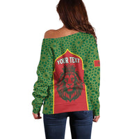 Personalized Morocco Throne Day Off Shoulder Sweater King Lion Coat Of Arms