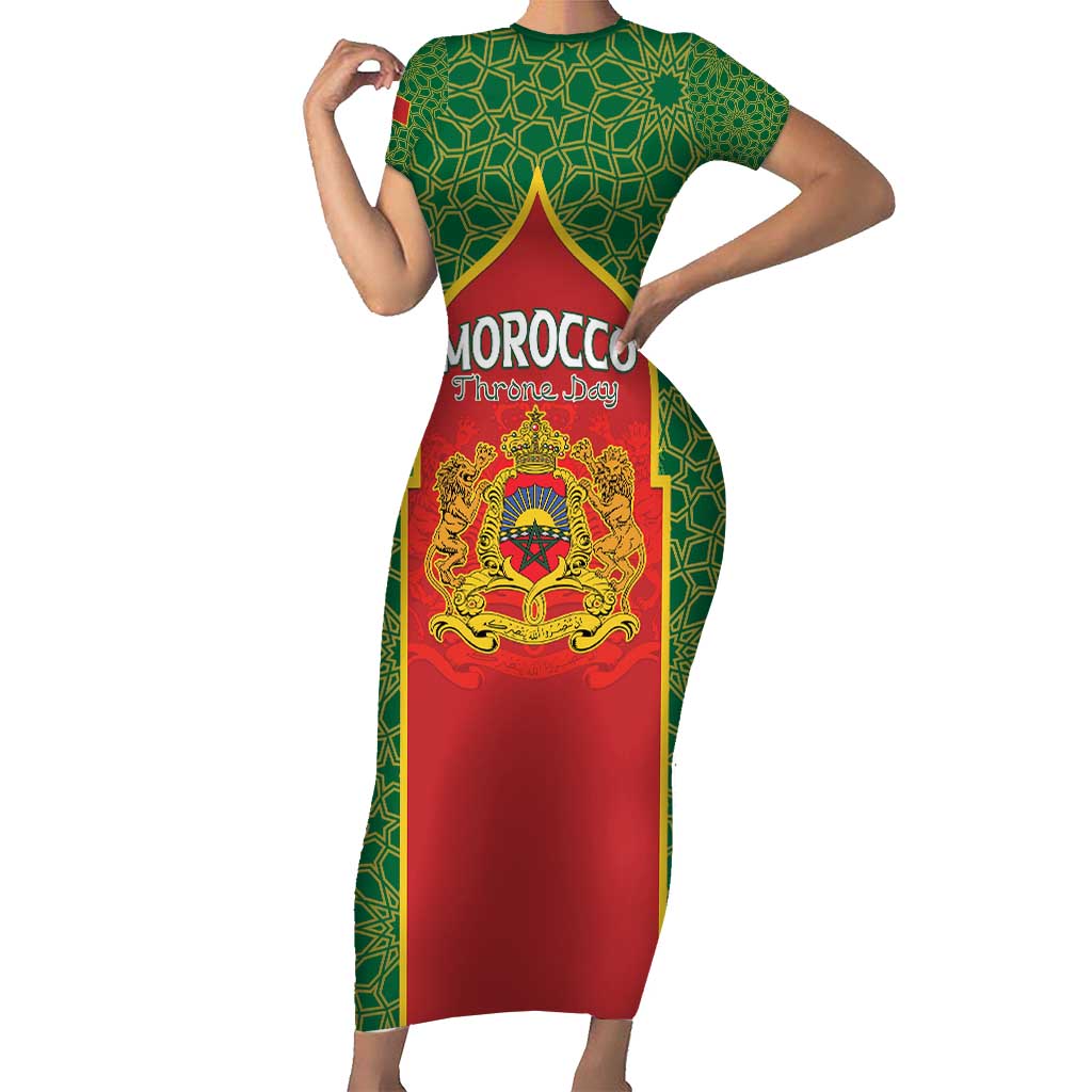 Personalized Morocco Throne Day Short Sleeve Bodycon Dress King Lion Coat Of Arms