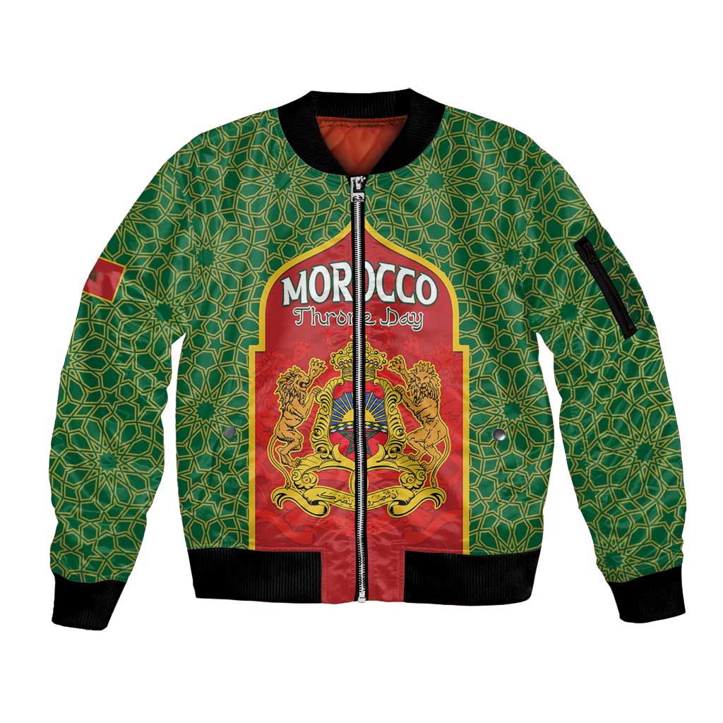 Personalized Morocco Throne Day Sleeve Zip Bomber Jacket King Lion Coat Of Arms