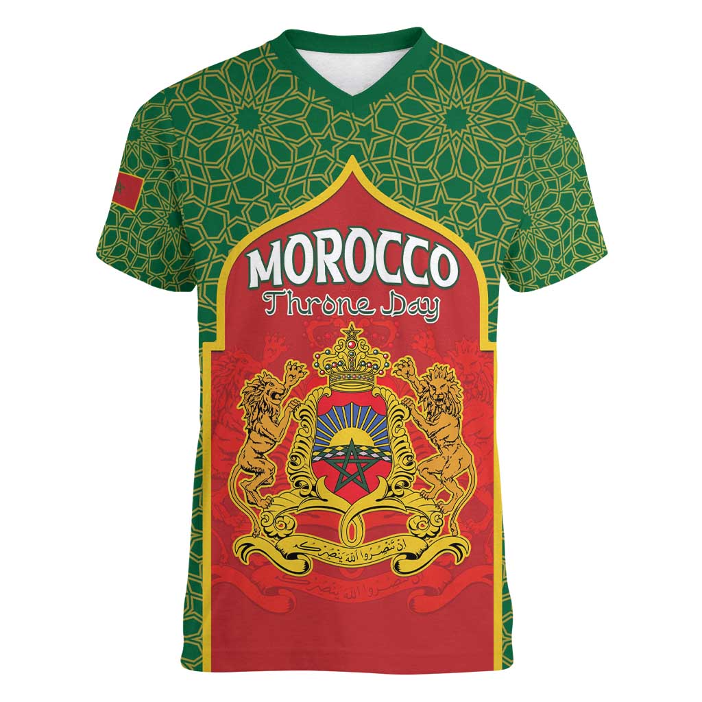 Personalized Morocco Throne Day Women V-Neck T-Shirt King Lion Coat Of Arms