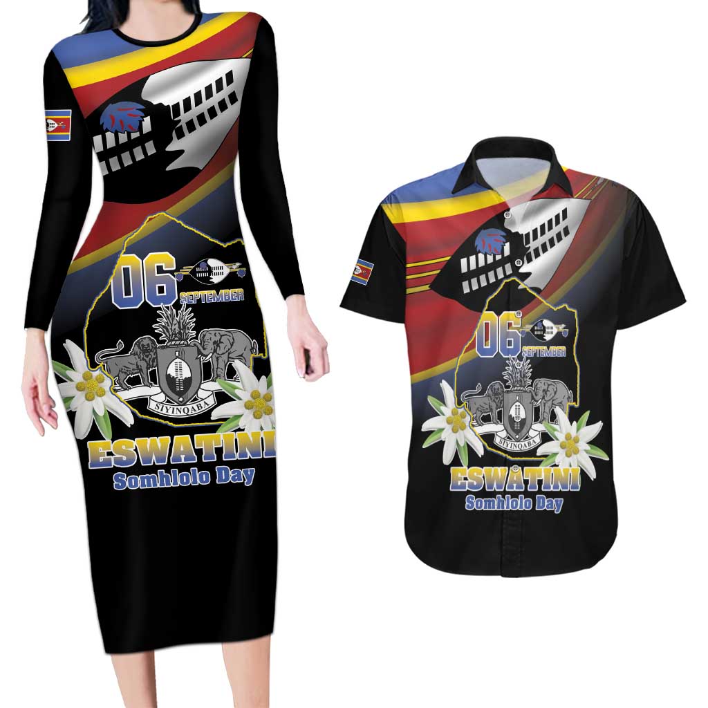 Personalized Eswatini Independece Day Couples Matching Long Sleeve Bodycon Dress and Hawaiian Shirt Coat Of Arms With Map - Wonder Print Shop