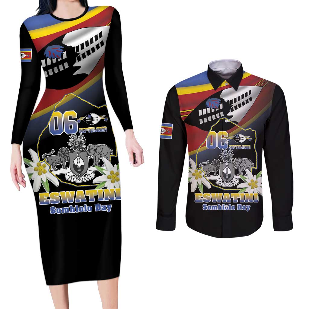 Personalized Eswatini Independece Day Couples Matching Long Sleeve Bodycon Dress and Long Sleeve Button Shirt Coat Of Arms With Map - Wonder Print Shop