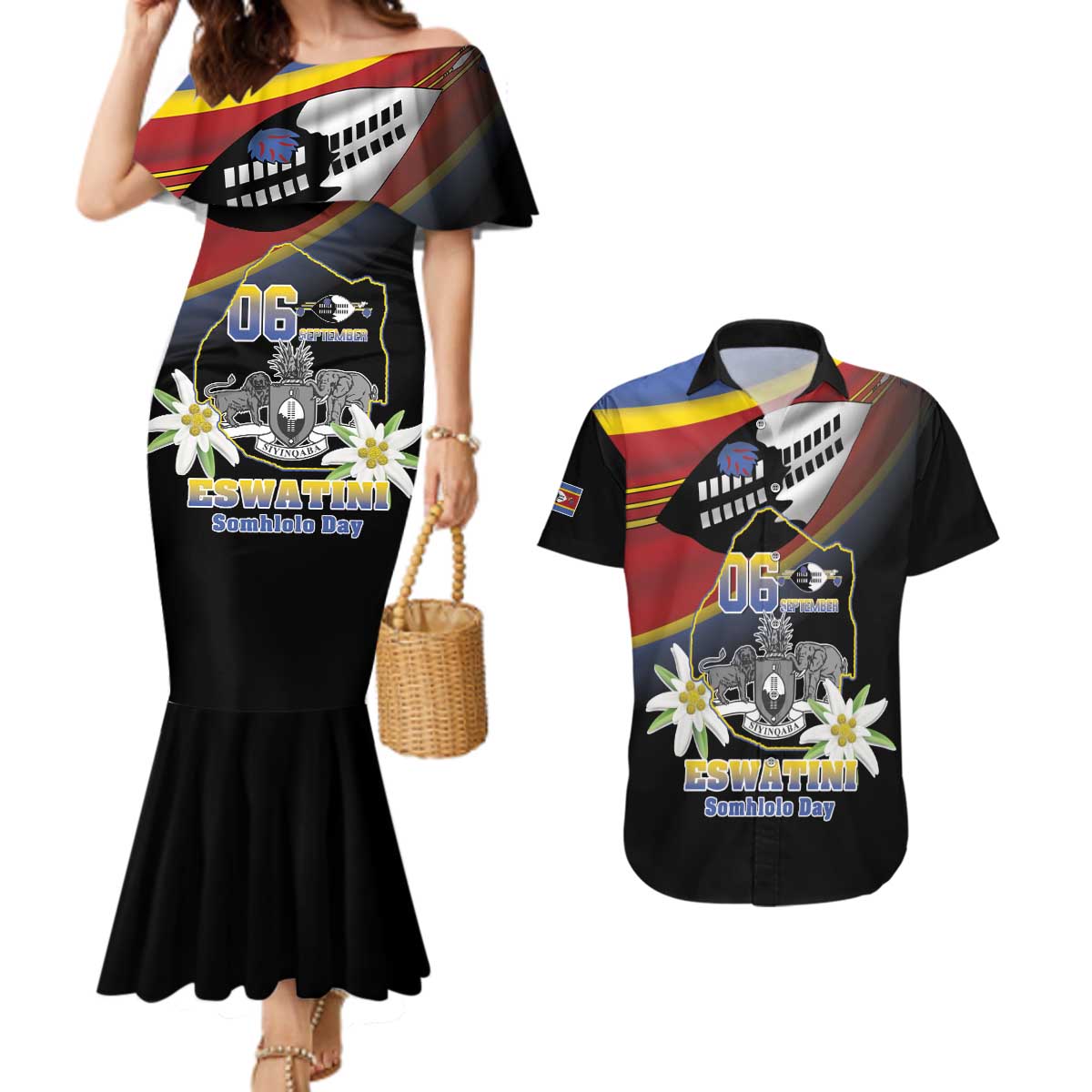 Personalized Eswatini Independece Day Couples Matching Mermaid Dress and Hawaiian Shirt Coat Of Arms With Map - Wonder Print Shop