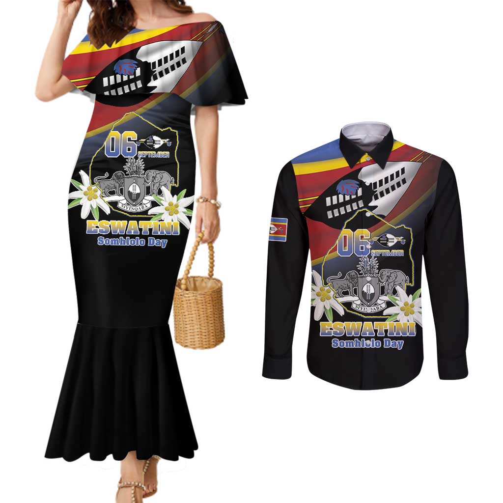 Personalized Eswatini Independece Day Couples Matching Mermaid Dress and Long Sleeve Button Shirt Coat Of Arms With Map - Wonder Print Shop