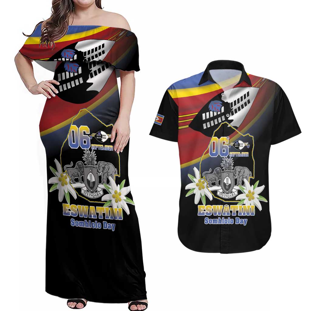 Personalized Eswatini Independece Day Couples Matching Off Shoulder Maxi Dress and Hawaiian Shirt Coat Of Arms With Map - Wonder Print Shop