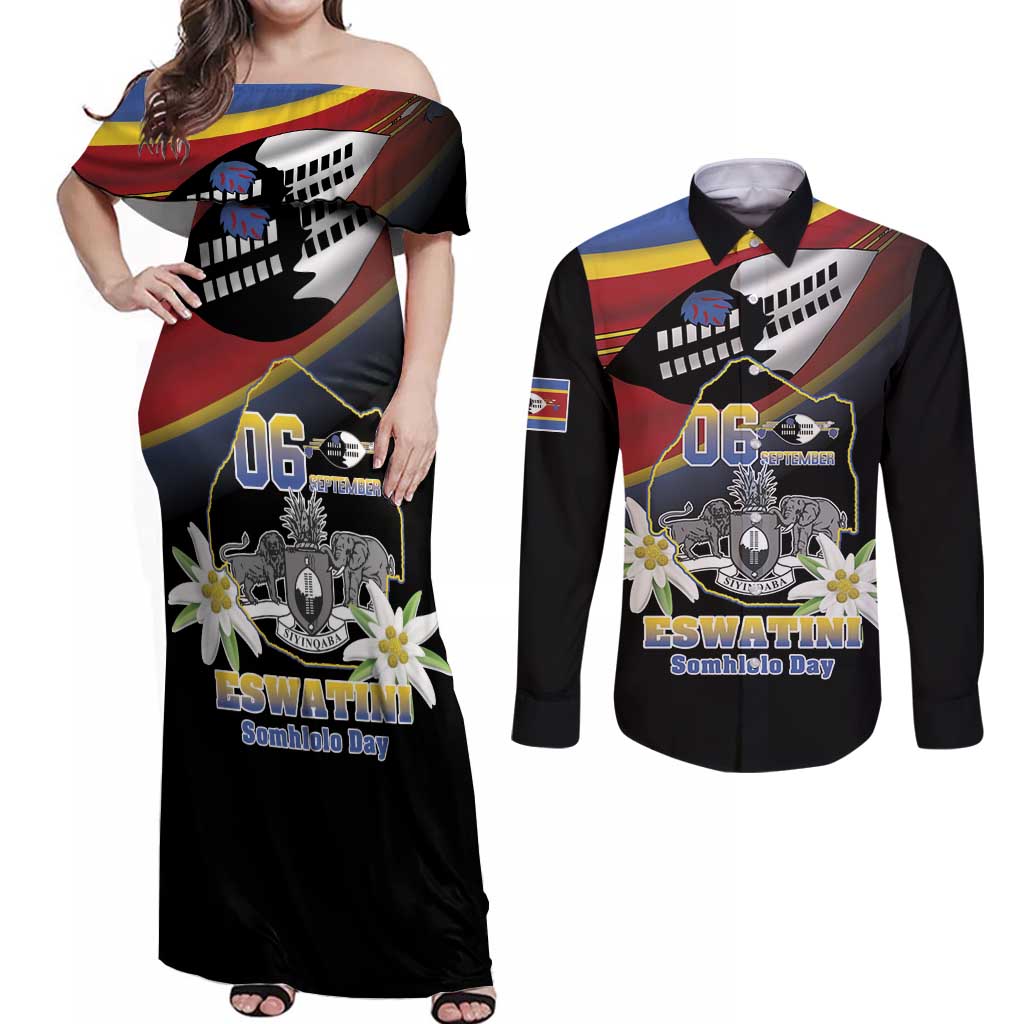Personalized Eswatini Independece Day Couples Matching Off Shoulder Maxi Dress and Long Sleeve Button Shirt Coat Of Arms With Map - Wonder Print Shop