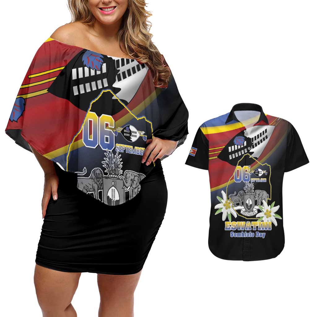 Personalized Eswatini Independece Day Couples Matching Off Shoulder Short Dress and Hawaiian Shirt Coat Of Arms With Map - Wonder Print Shop