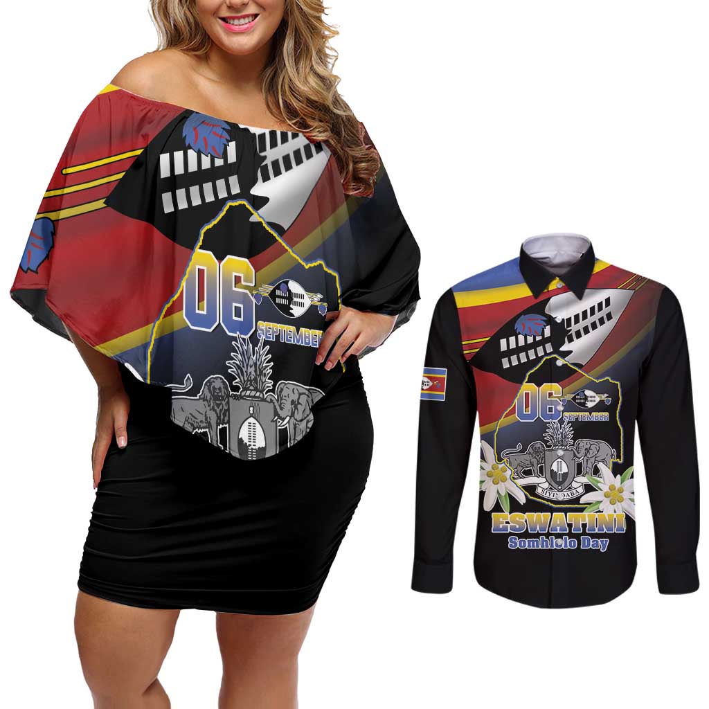 Personalized Eswatini Independece Day Couples Matching Off Shoulder Short Dress and Long Sleeve Button Shirt Coat Of Arms With Map - Wonder Print Shop
