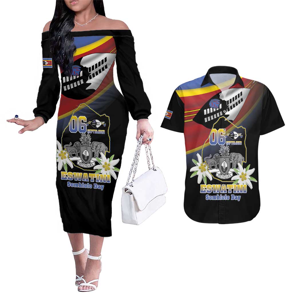Personalized Eswatini Independece Day Couples Matching Off The Shoulder Long Sleeve Dress and Hawaiian Shirt Coat Of Arms With Map - Wonder Print Shop