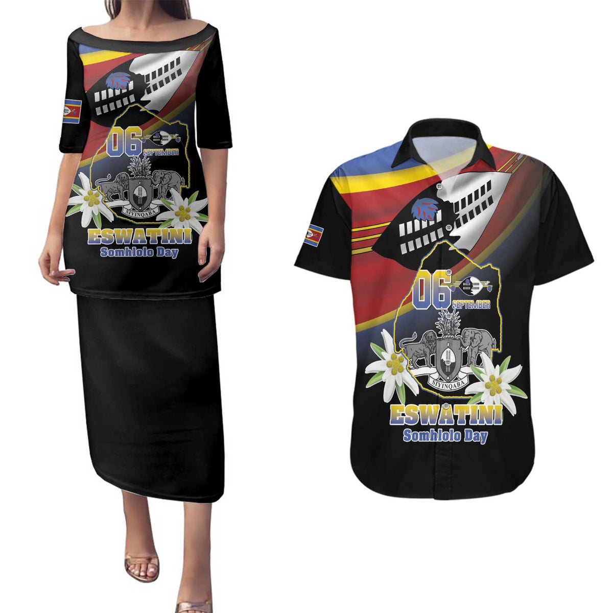 Personalized Eswatini Independece Day Couples Matching Puletasi and Hawaiian Shirt Coat Of Arms With Map - Wonder Print Shop
