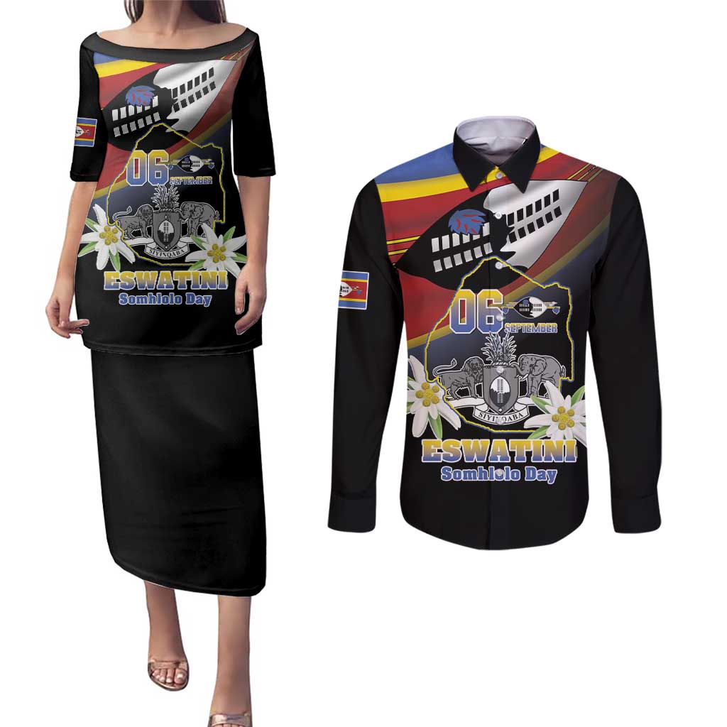 Personalized Eswatini Independece Day Couples Matching Puletasi and Long Sleeve Button Shirt Coat Of Arms With Map - Wonder Print Shop