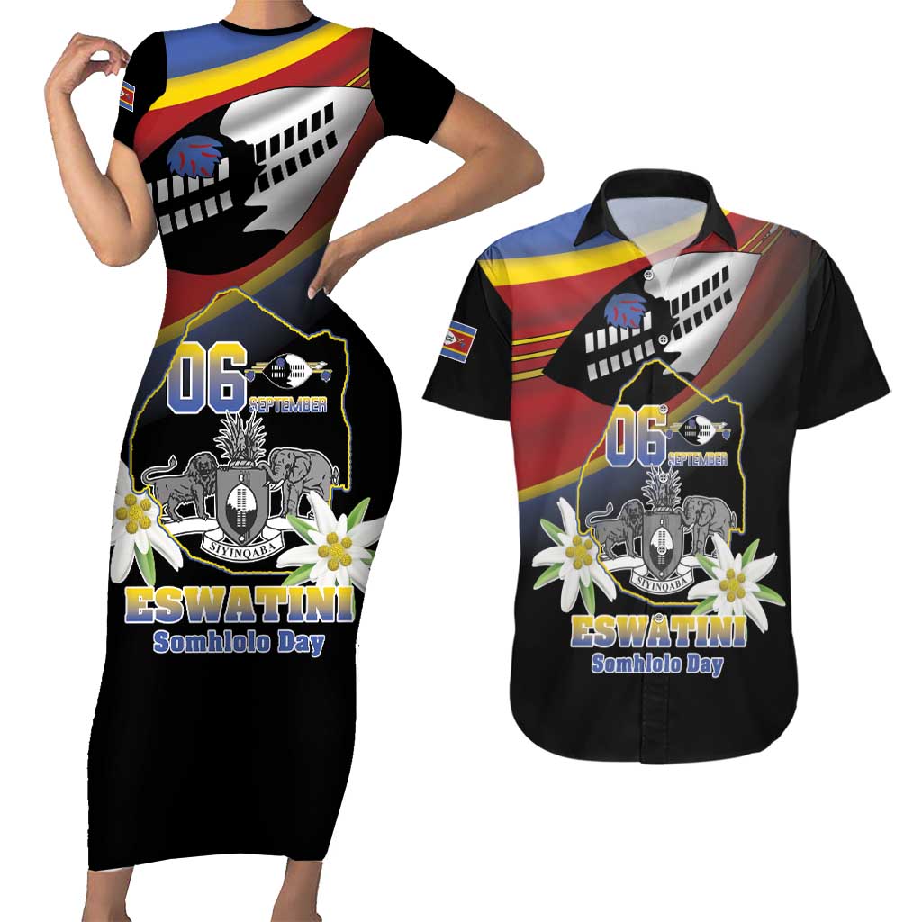 Personalized Eswatini Independece Day Couples Matching Short Sleeve Bodycon Dress and Hawaiian Shirt Coat Of Arms With Map - Wonder Print Shop