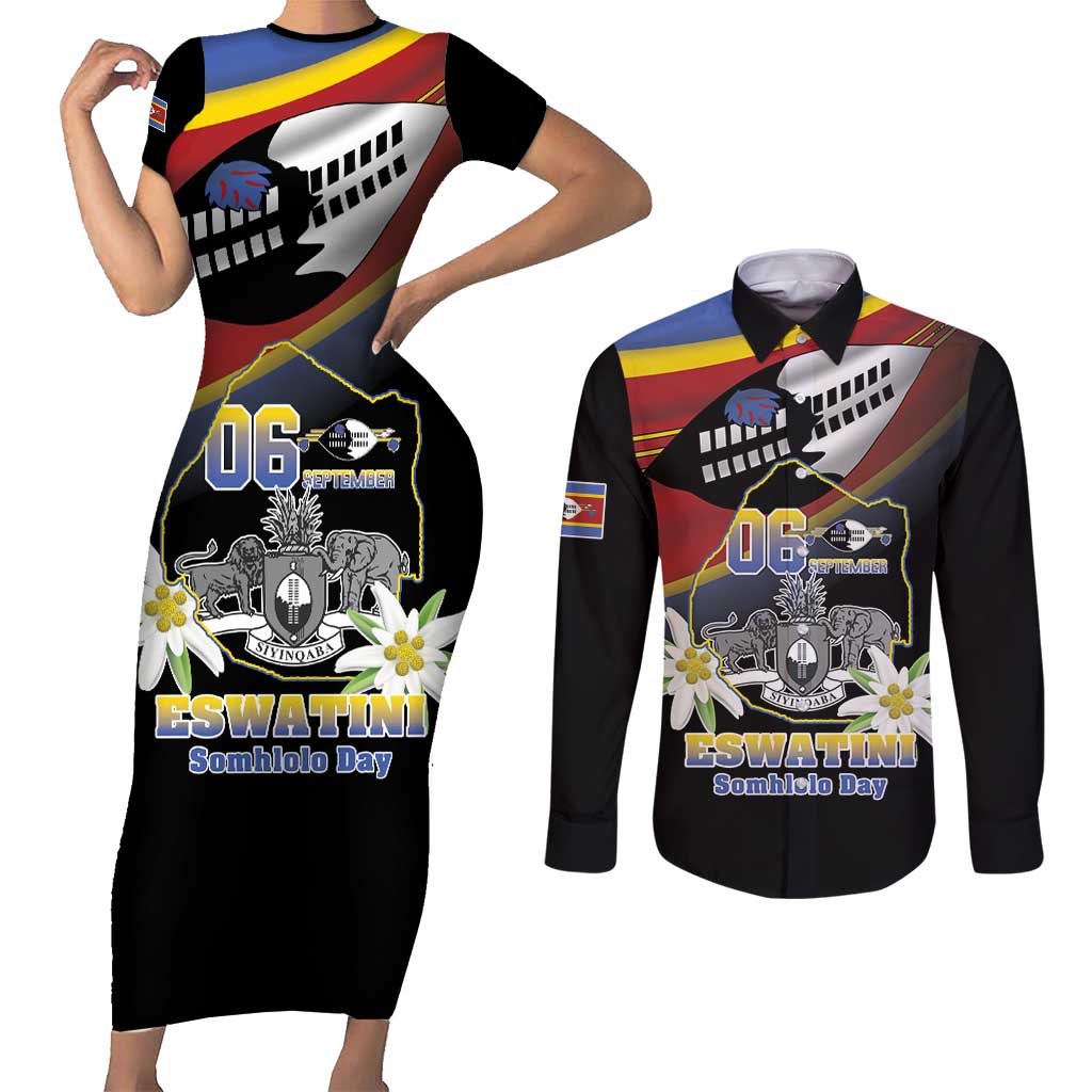 Personalized Eswatini Independece Day Couples Matching Short Sleeve Bodycon Dress and Long Sleeve Button Shirt Coat Of Arms With Map - Wonder Print Shop