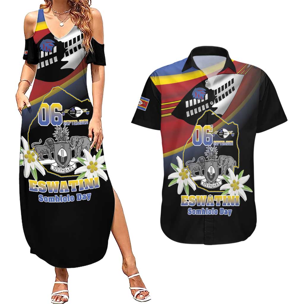 Personalized Eswatini Independece Day Couples Matching Summer Maxi Dress and Hawaiian Shirt Coat Of Arms With Map - Wonder Print Shop