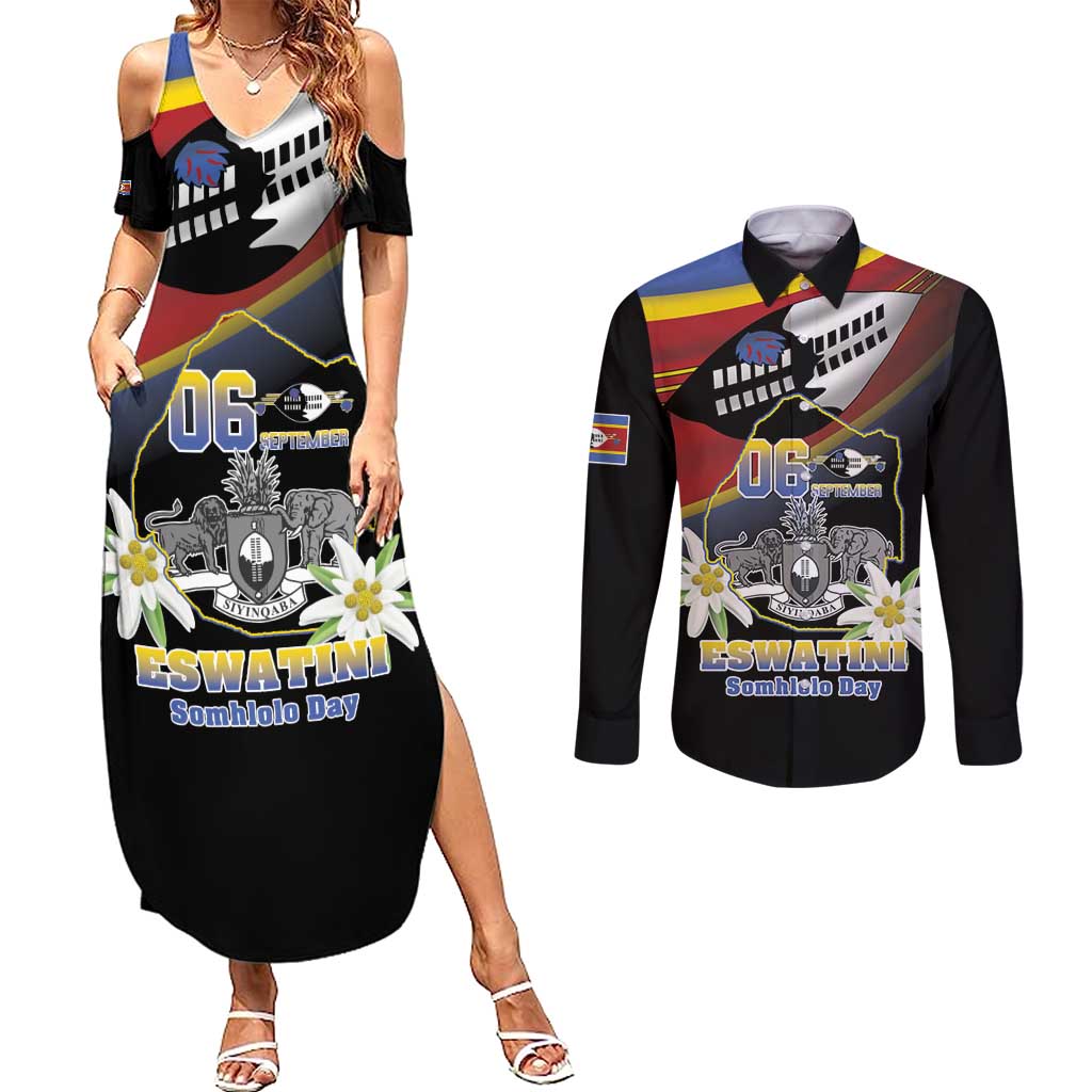 Personalized Eswatini Independece Day Couples Matching Summer Maxi Dress and Long Sleeve Button Shirt Coat Of Arms With Map - Wonder Print Shop