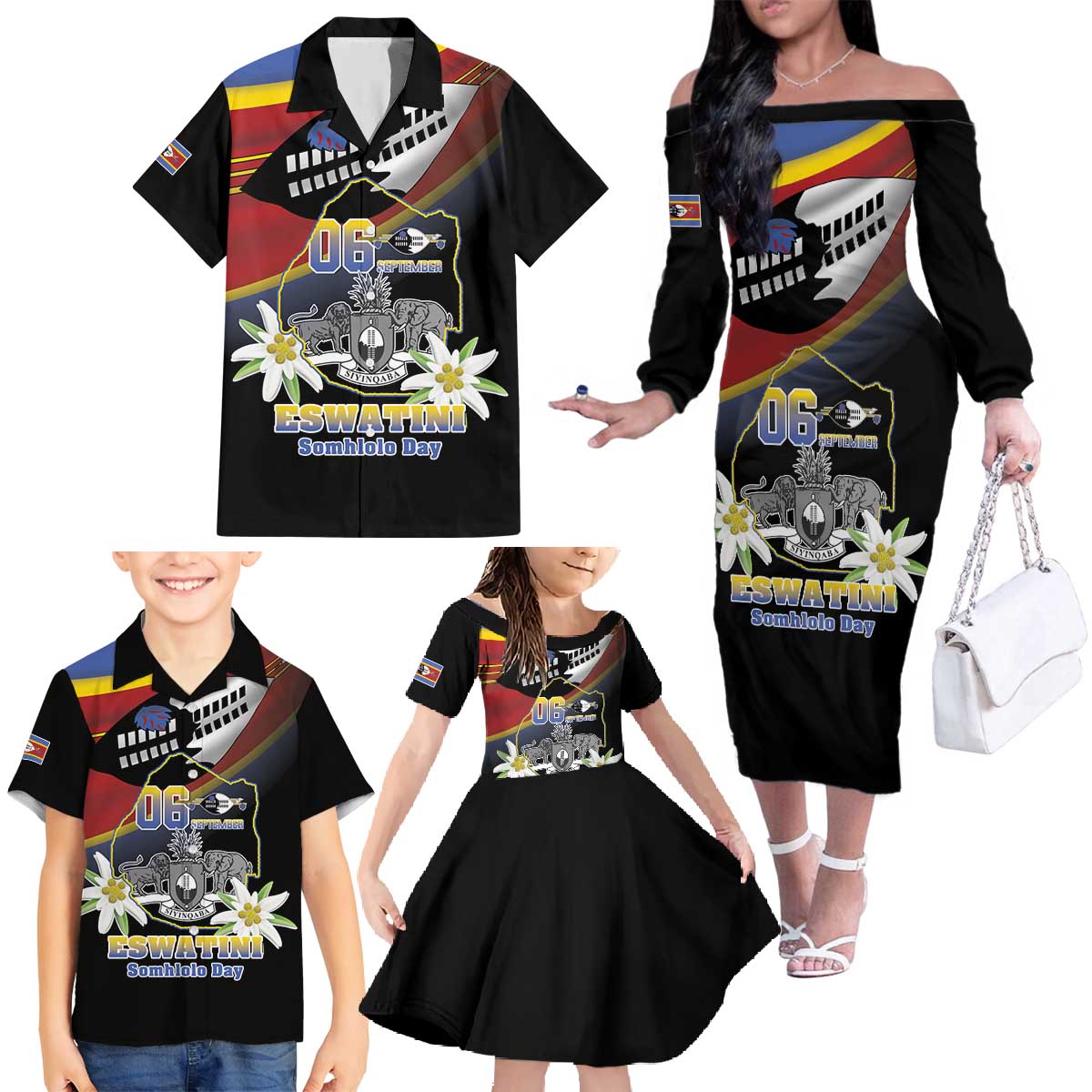 Personalized Eswatini Independece Day Family Matching Off The Shoulder Long Sleeve Dress and Hawaiian Shirt Coat Of Arms With Map - Wonder Print Shop