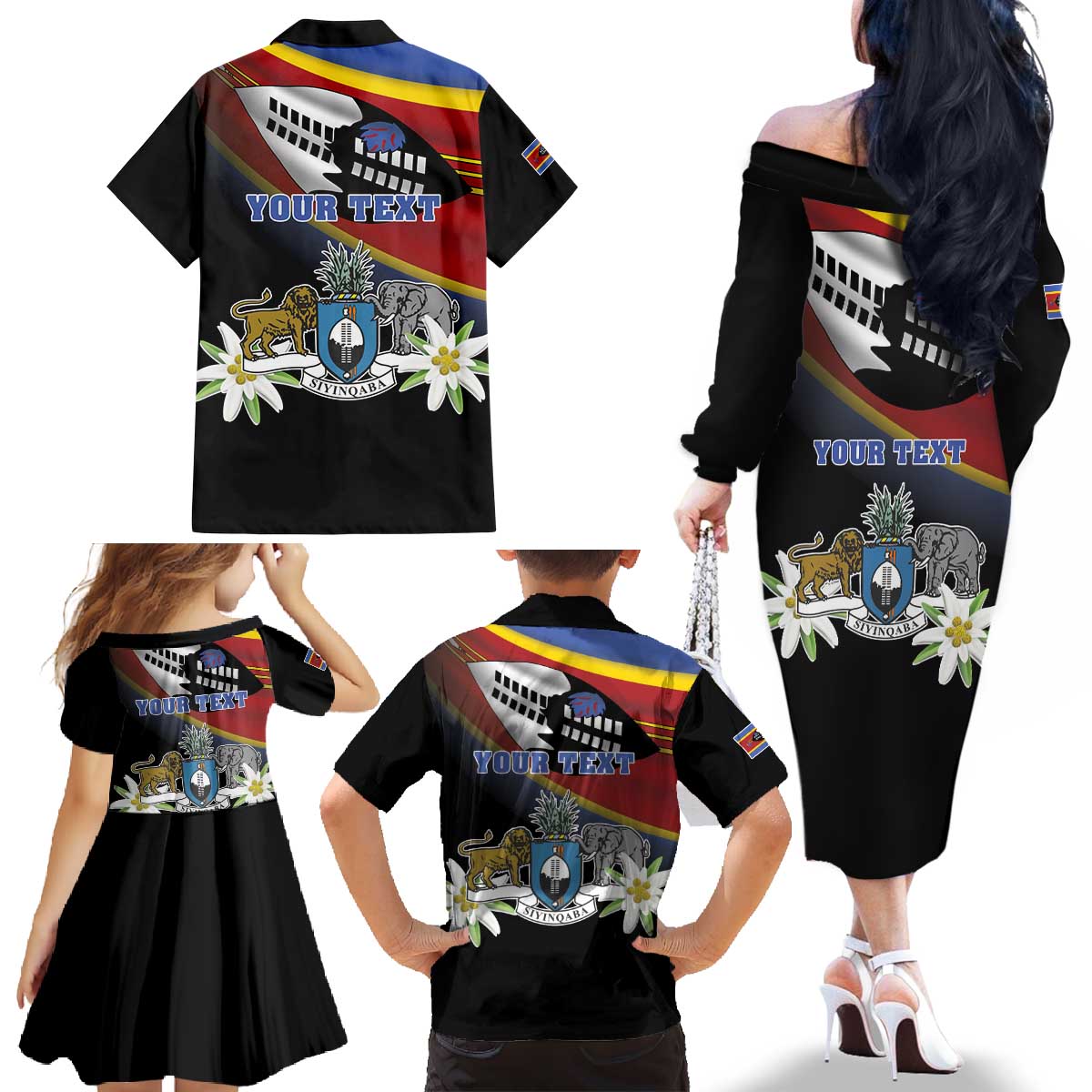 Personalized Eswatini Independece Day Family Matching Off The Shoulder Long Sleeve Dress and Hawaiian Shirt Coat Of Arms With Map - Wonder Print Shop