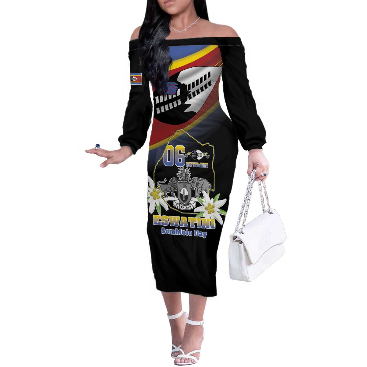 Personalized Eswatini Independece Day Family Matching Off The Shoulder Long Sleeve Dress and Hawaiian Shirt Coat Of Arms With Map - Wonder Print Shop